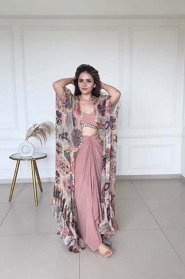 Dusty Rose Silk Indowestern Dhoti Suit With Printed Shrug