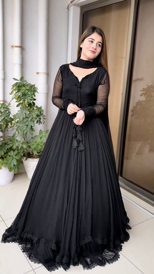 Beautiful Black Color Ruffle Flair Anarkali Gown