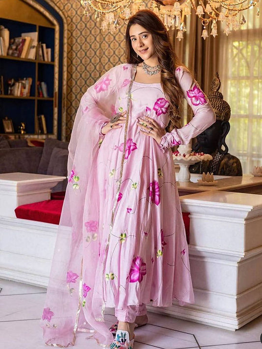 Baby Pink Colour Georgette With Floral Digital Printed Gown
