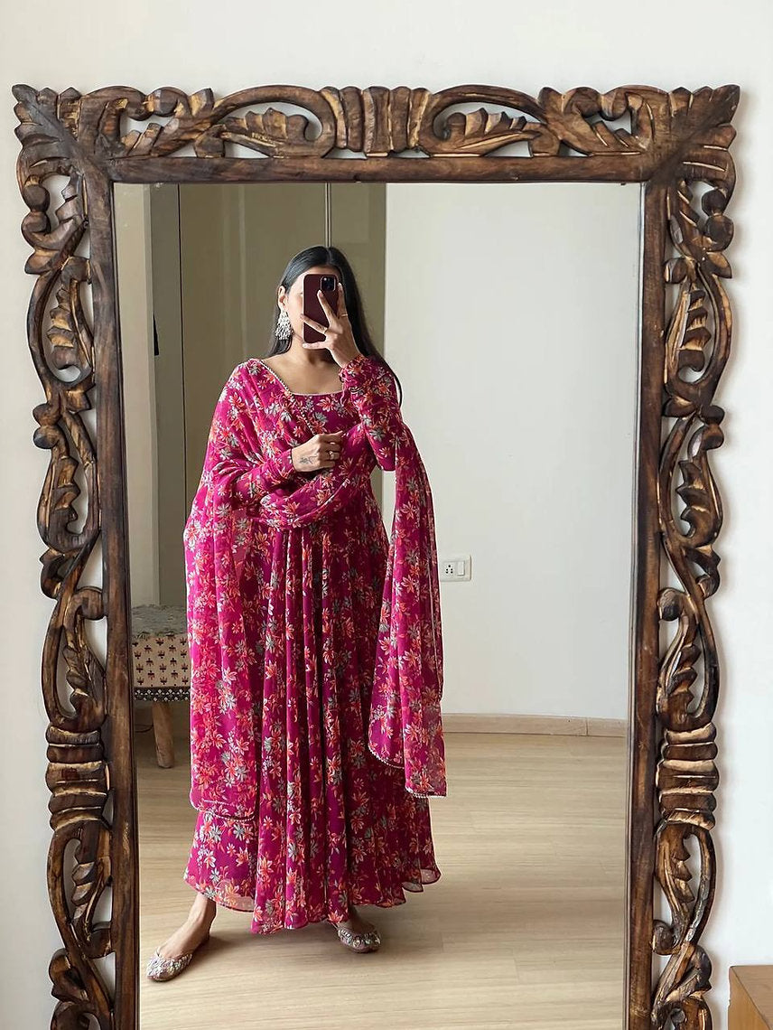 Pink Colour Georgette With Floral Digital Print Long Gown