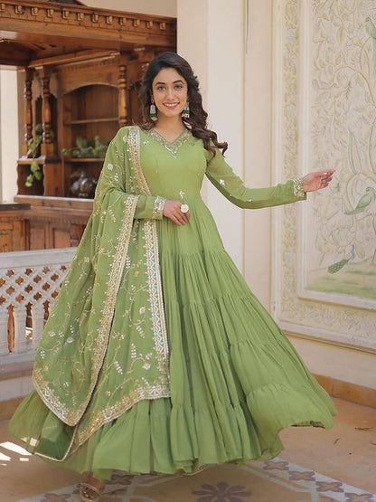 Parrot Green Colour Heavy Georgette Ruffle Flair Anarkali Gown For Party Wear