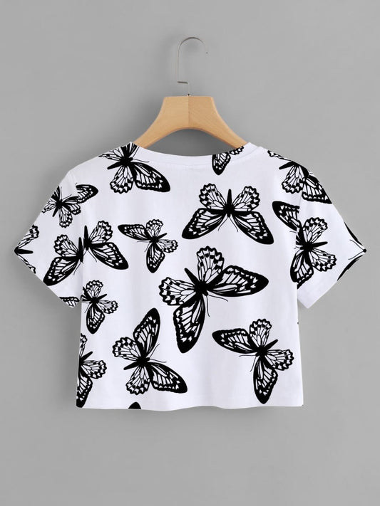 White Colour Butterfly Pattern Design Tshirt For Women
