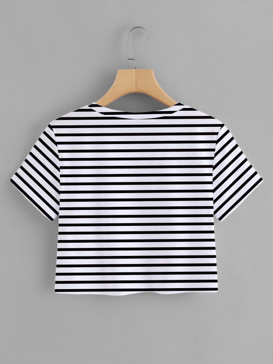 White & Black Striped Printed Round Neck  T-Shirt For Women