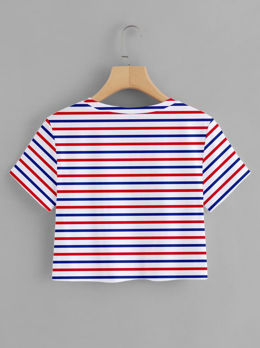 White,Red & blue Striped Printed Round Neck  T-Shirt For Women