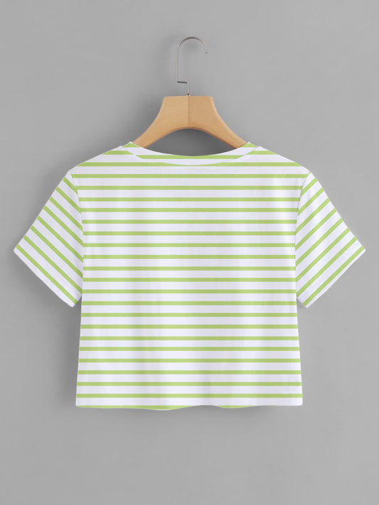 White & Green Striped Printed Round Neck  T-Shirt For Women