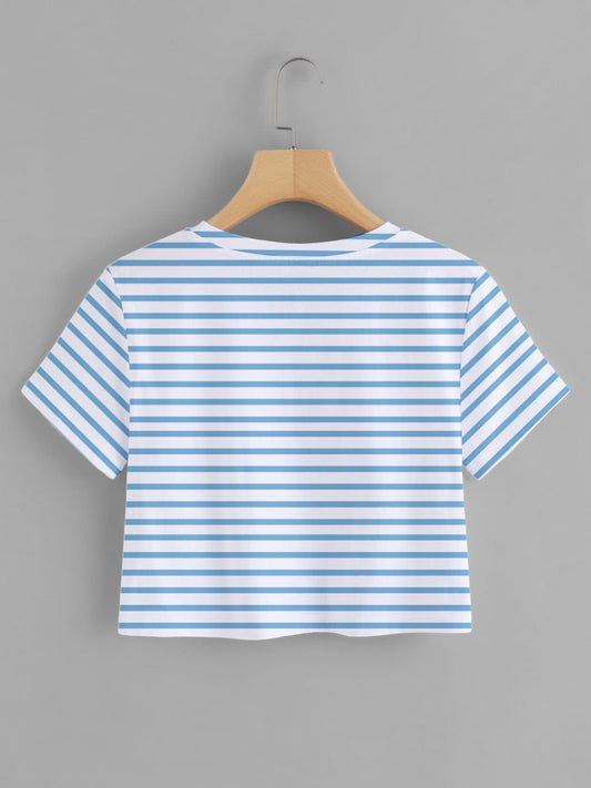 White & blue Striped Printed Round Neck  T-Shirt For Women