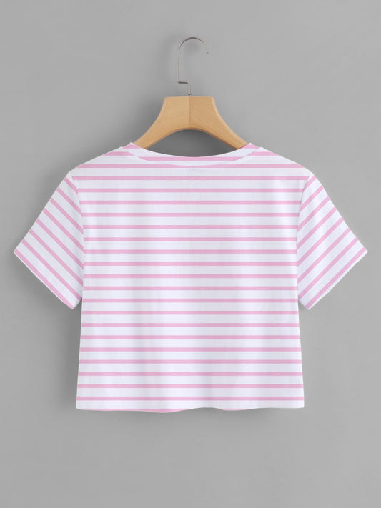 White & Pink Striped Printed Round Neck  T-Shirt For Women