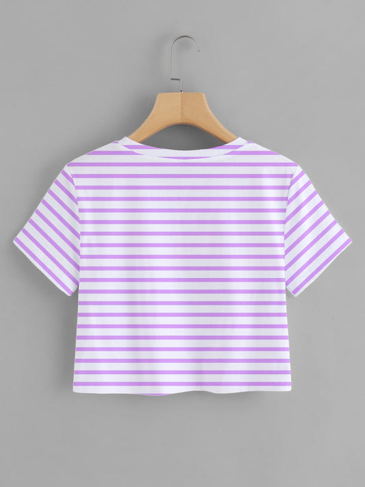 White & Purple Striped Printed Round Neck  T-Shirt For Women