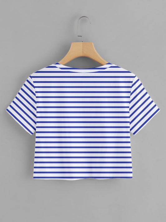 White & Navy blue Striped Printed Round Neck  T-Shirt For Women