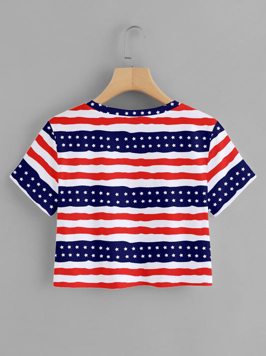Red,Blue&White Striped Printed Round Neck  T-Shirt For Women