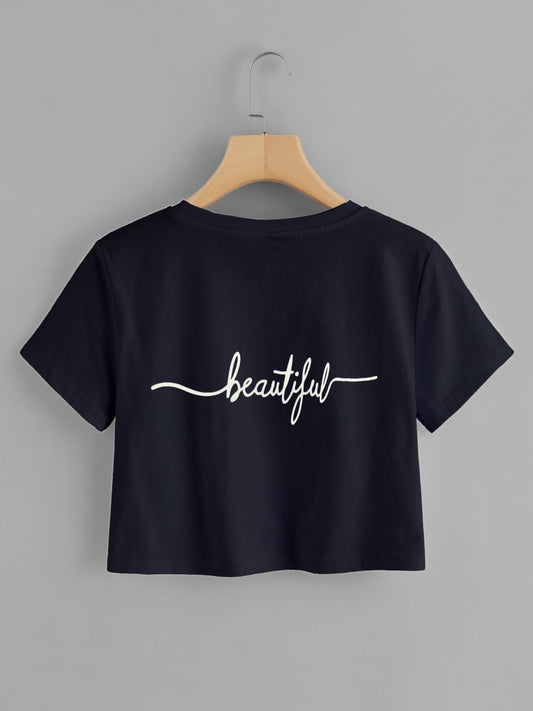 Black Stylish Letter Graphic Round Neck T-Shirt For Women