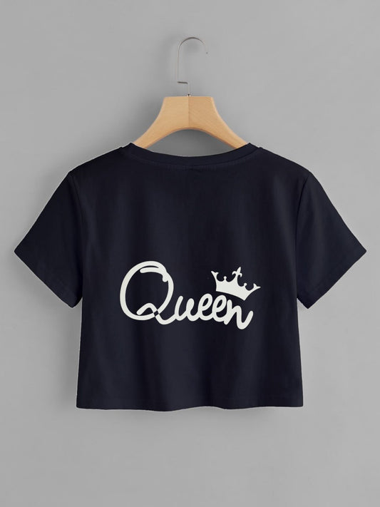 Black Stylish Letter Graphic Round Neck T-Shirt For Women