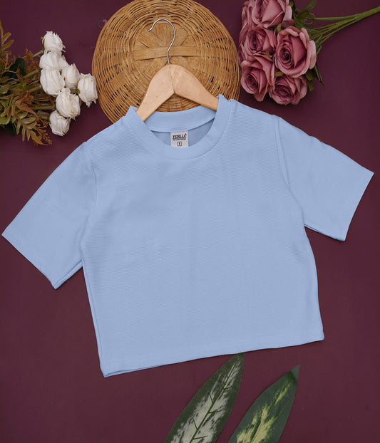 Women Solid Round Neck Cotton Blend Light Blue T-Shirt