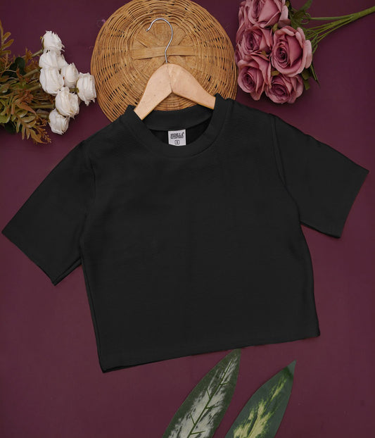 Women Solid Round Neck Cotton Blend Black T-Shirt