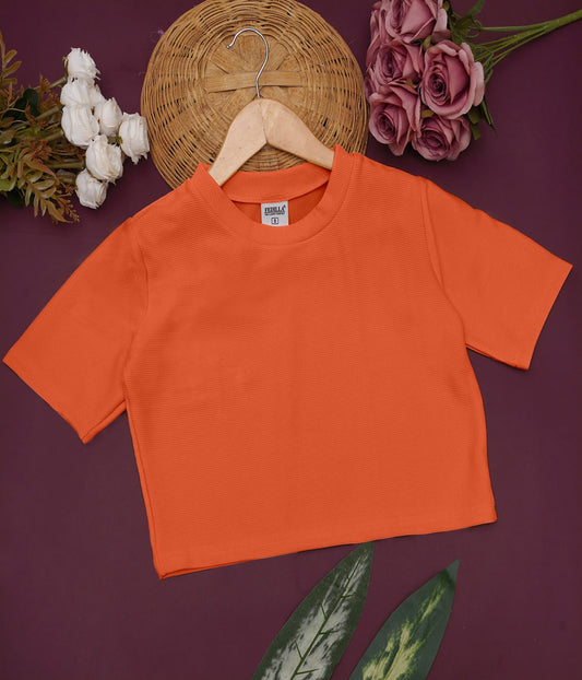 Women Solid Round Neck Cotton Blend Orange T-Shirt