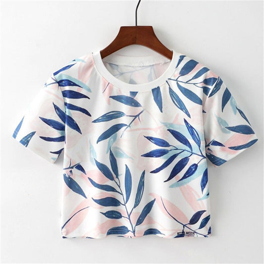 White Colour Leaves Pattern Design Tshirt For Women