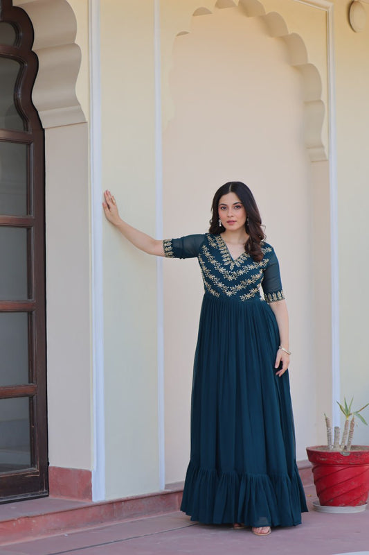 Rama Color Faux Blooming With Sequence Work Gown