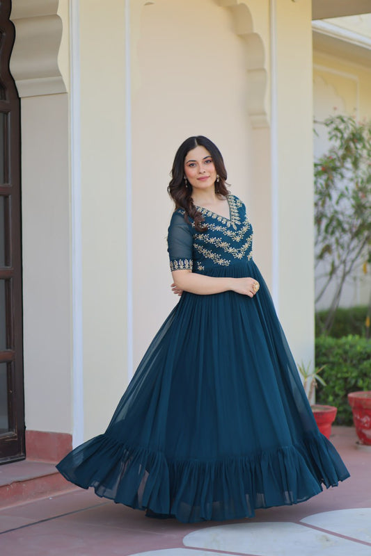 Rama Color Faux Blooming With Sequence Work Gown