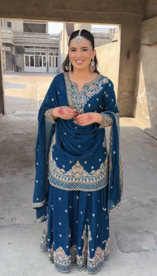 Adorable Blue Color Sharara Suit With Dupatta