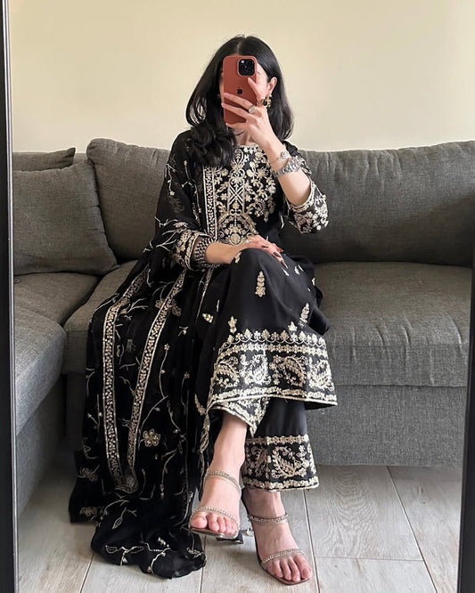 Black Color Heavy Sequence Work Top With Pent And Dupatta