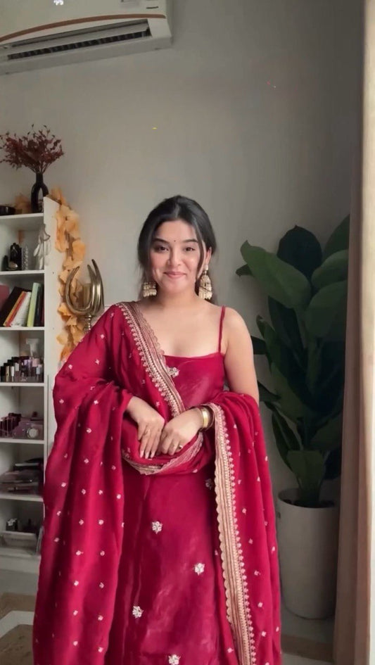 Red Color Jimmy Choo Silk With Thread And Sequence Work Sharara Suit