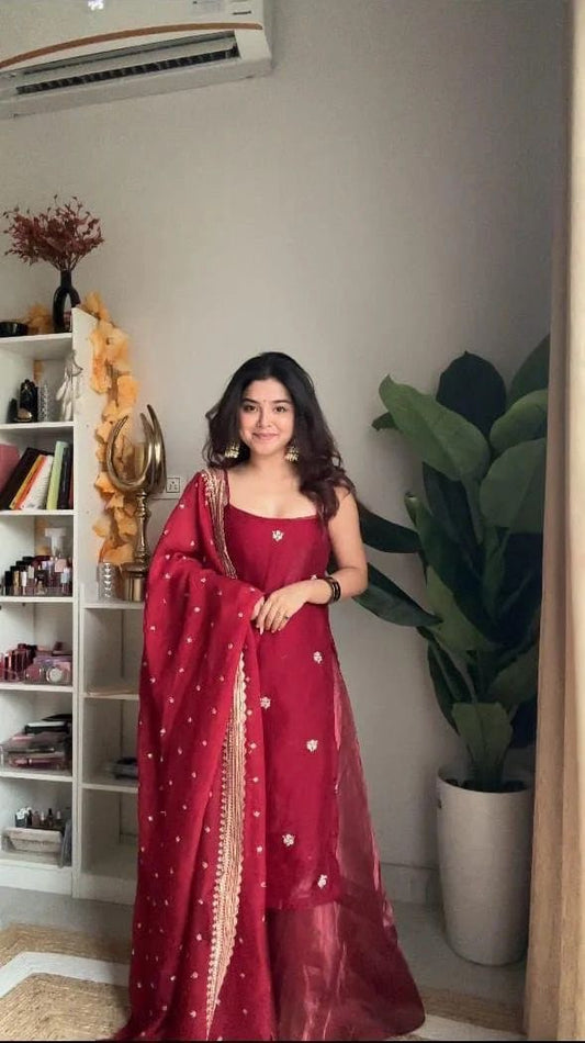 Red Color Jimmy Choo Silk With Thread And Sequence Work Sharara Suit