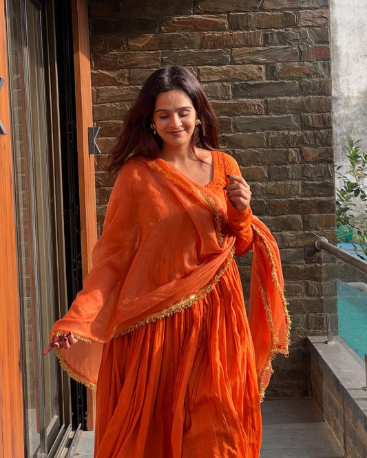 Orange Color Chinon Silk Function Wear Anarkali Suit
