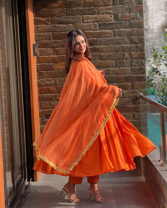 Orange Color Chinon Silk Function Wear Anarkali Suit