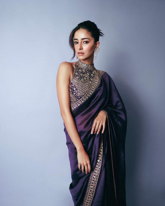 Ananya Pandey Wear Purple Color Coding Sequence Work Saree