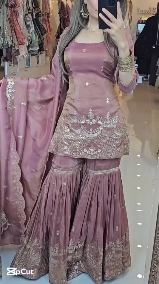 Onion Pink Color Simar Silk With Sequence Work Sharara Suit For Women