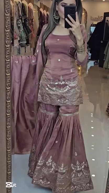 Onion Pink Color Simar Silk With Sequence Work Sharara Suit For Women