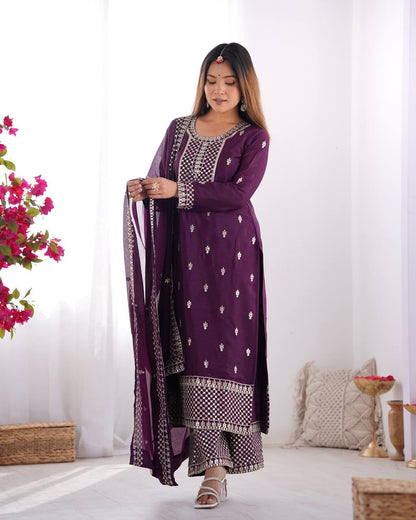 Wine Color Chinon Silk With Sequence Work Suit For Wedding