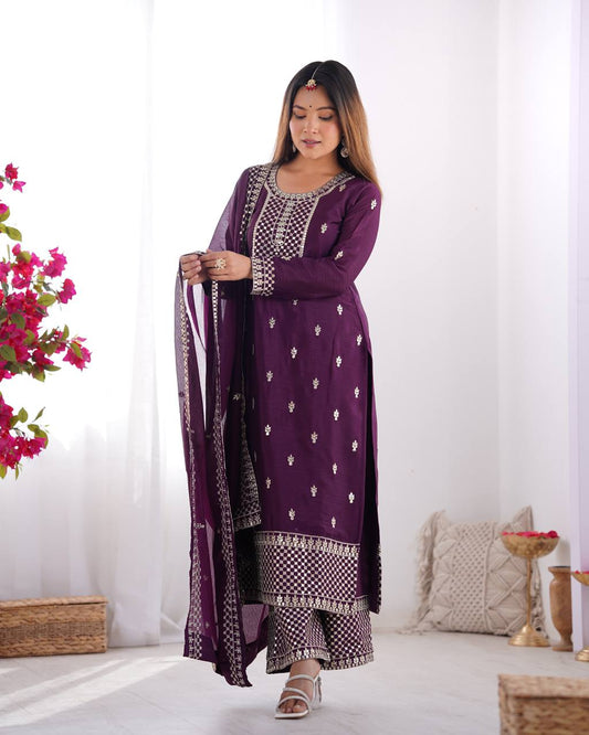 Wine Color Chinon Silk With Sequence Work Suit For Wedding