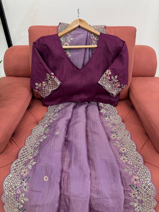 Purple Color Crunchy Silk With Thread And Sequence Work Saree For Wedding