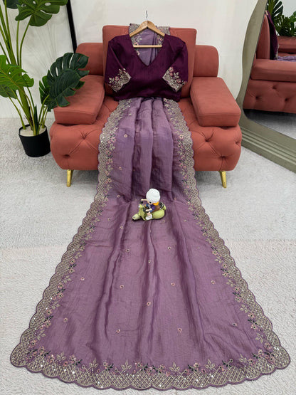 Purple Color Crunchy Silk With Thread And Sequence Work Saree For Wedding