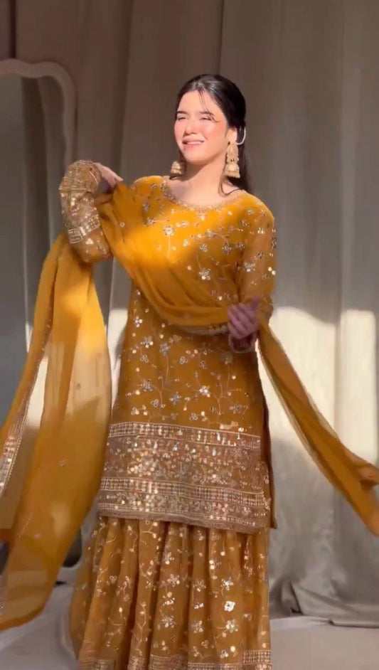 Yellow Color Faux Georgette With Sequence Work Sharara Suit