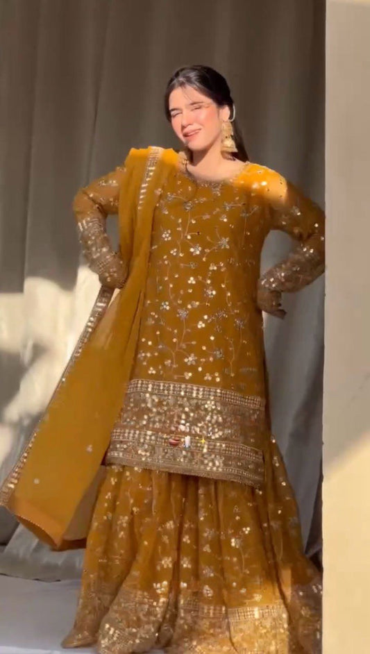 Yellow Color Faux Georgette With Sequence Work Sharara Suit