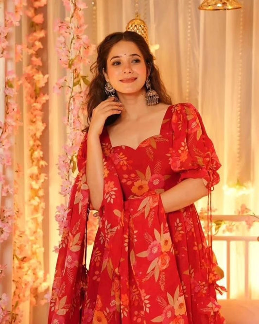 Red Color Digital Flower Printed Anarkali Suit