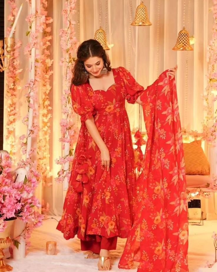 Red Color Digital Flower Printed Anarkali Suit