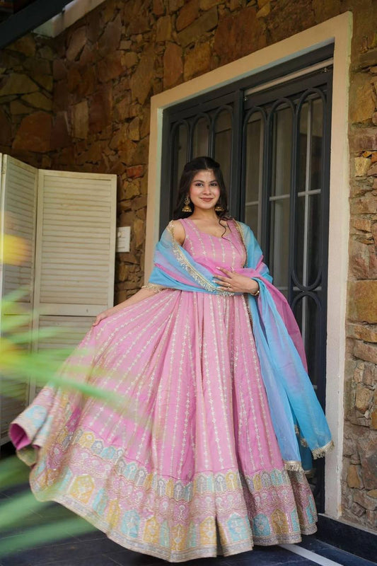 Pink Color Jimmy Chu Silk With Digital Printed Long Anarkali Gown
