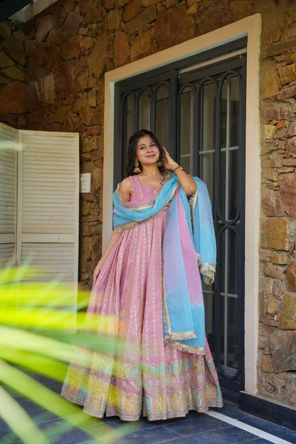 Pink Color Jimmy Chu Silk With Digital Printed Long Anarkali Gown