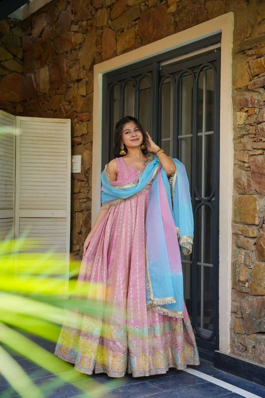 Pink Color Jimmy Chu Silk With Digital Printed Long Anarkali Gown
