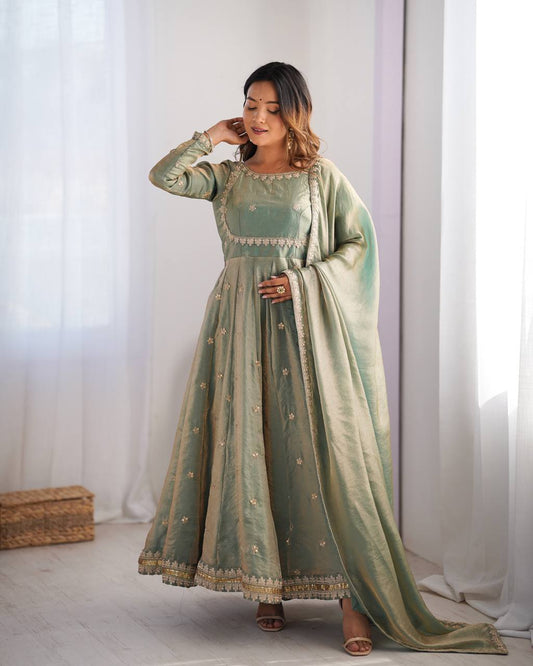 Sea green Color Coding With Sequence Work Long Gown With Dupatta