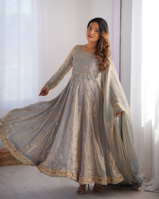 Gray Color Fandy Silk With Sequence Work Long Anarkali Gown