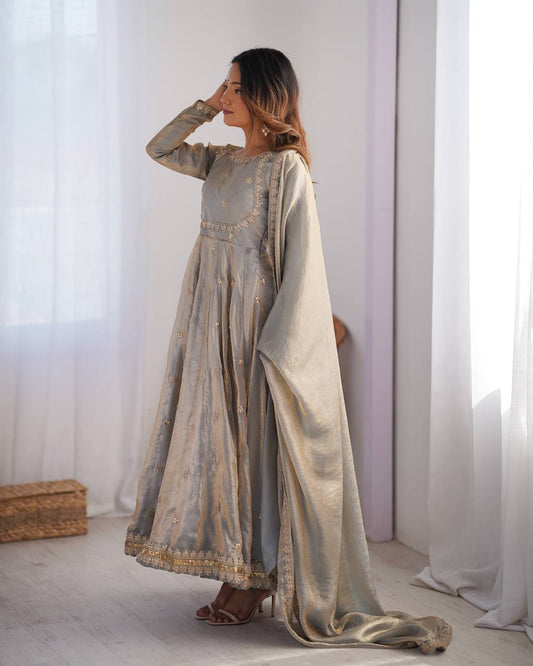 Gray Color Fandy Silk With Sequence Work Long Anarkali Gown