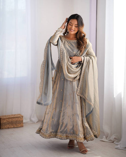 Gray Color Fandy Silk With Sequence Work Long Anarkali Gown