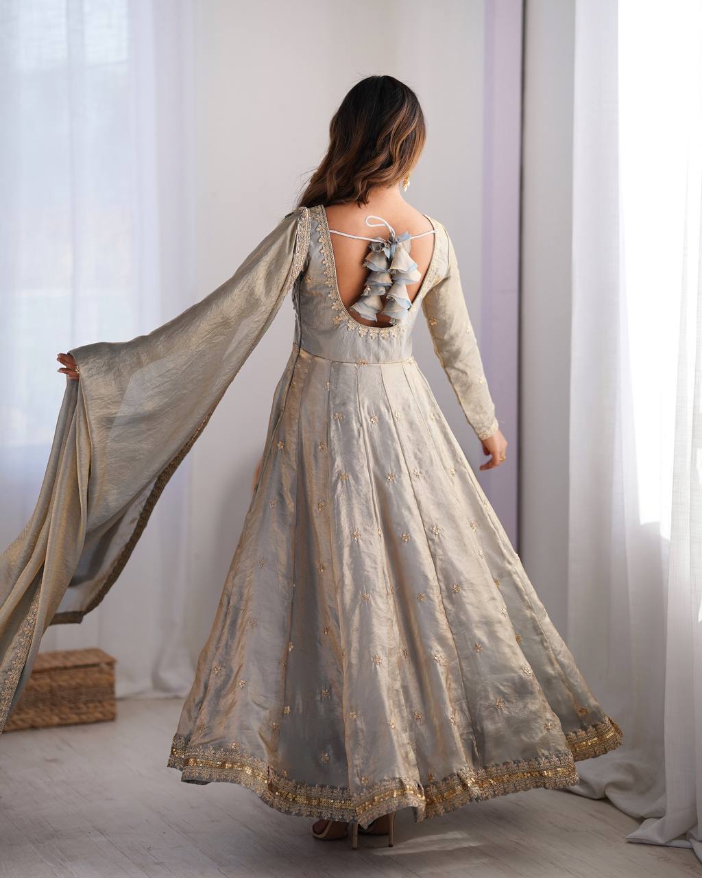 Gray Color Fandy Silk With Sequence Work Long Anarkali Gown