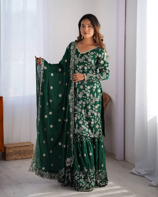 Green Color Wedding Wear Sharara Suit With Dupatta