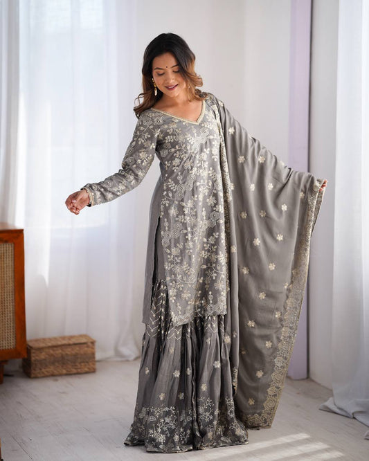 Gray Color Chinon Silk Wedding Wear Sharara Suit