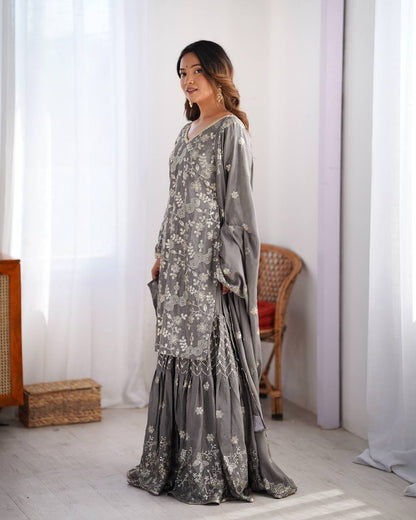 Gray Color Chinon Silk Wedding Wear Sharara Suit